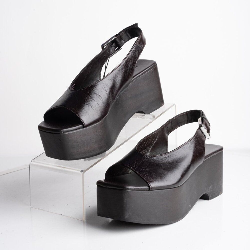 Massimo Dutti Womens Wooden Wedge Mule Sandals Brown US 6 EU 36 New 1643/550
